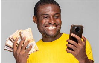 happy black man with money and phone